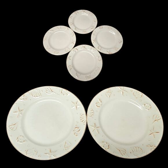 Thomson Hampton Seashell Starfish Embossed 3D Pattern Dinner & Dessert Plate Set - Picture 1 of 11
